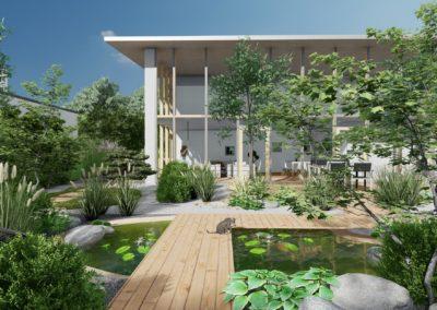 Conception Jardin 3D, ambiance zen, naturel, moderne.